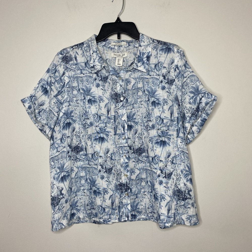 Rachel Zoe Women's Large 100% Linen Blue Safari Print Button Up Shirt Coastal